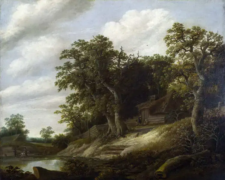Decker, Cornelis: Cottage among the trees on the bank of the creek