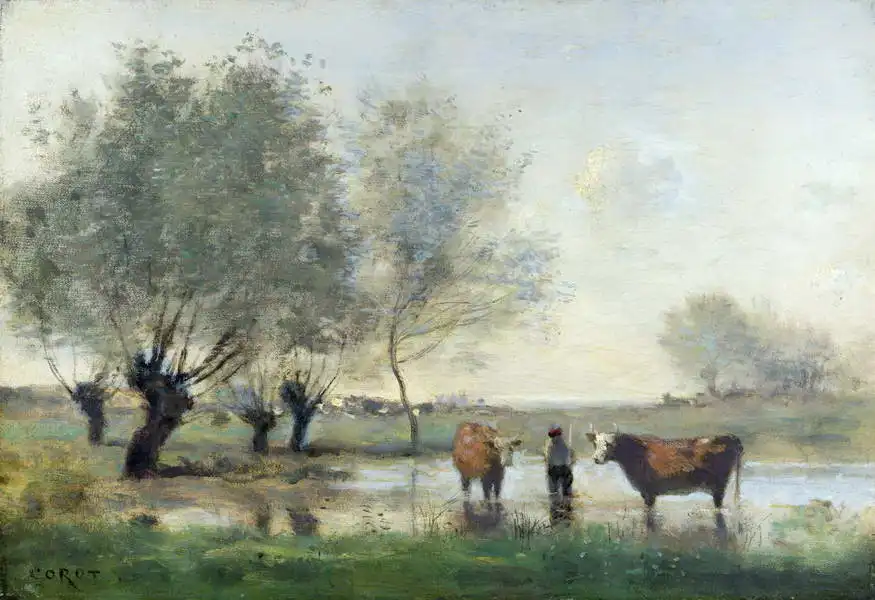 Corot, J. B. Camille: Cows in a swampy landscape