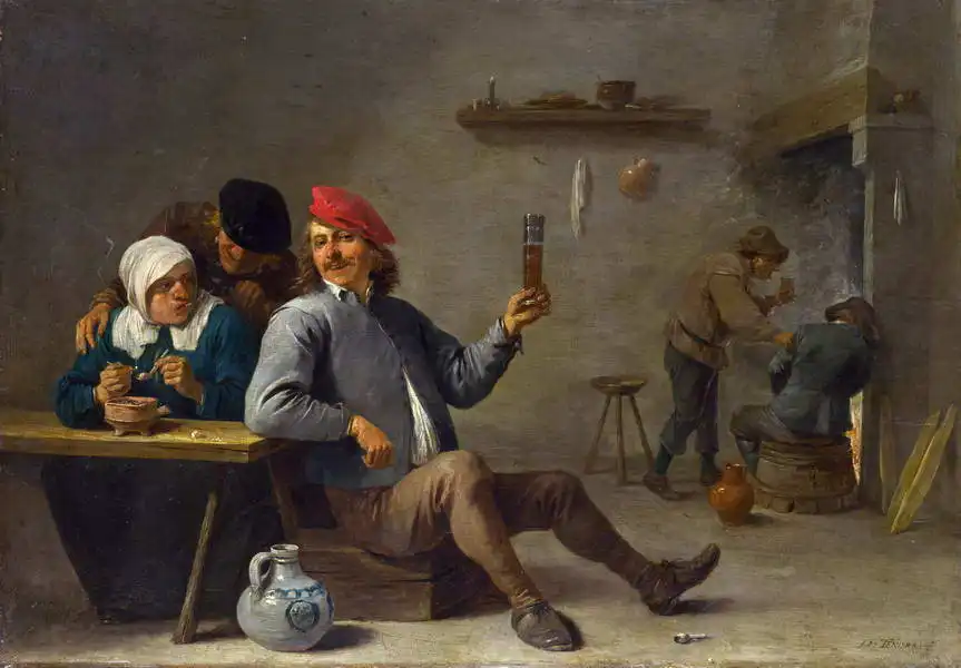 Teniers, David, the younger: Man holding a glass and an old woman igniting pipe