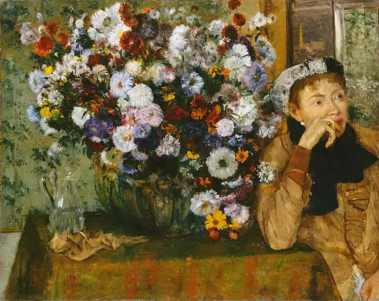 Degas, Edgar: The woman sitting next to a vase with flowers