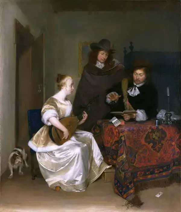 Borch, Gerard: Woman playing the theorbo two men