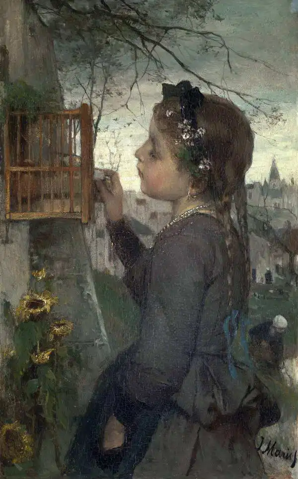 Maris, Jacob: Girl feeding a bird in a cage