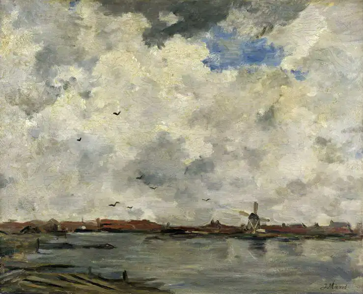 Maris, Jacob: Windmill and houses by the water - storm