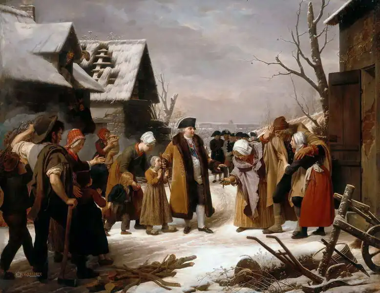 Hersent, Louis: Louis XVI. Distributes alms to the poor in Versailles during the winter of 1788