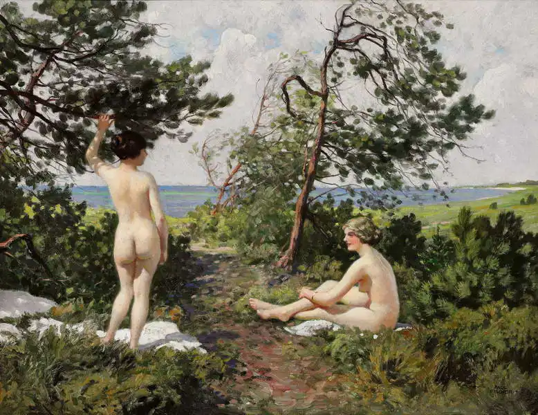 Fischer, Paul Gustav: Two girls bathing in the bushes on the shore Hombaek