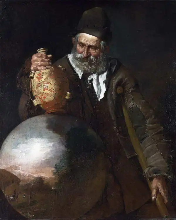 Unknown: Vieil homme tenant une bouteille de pèlerin