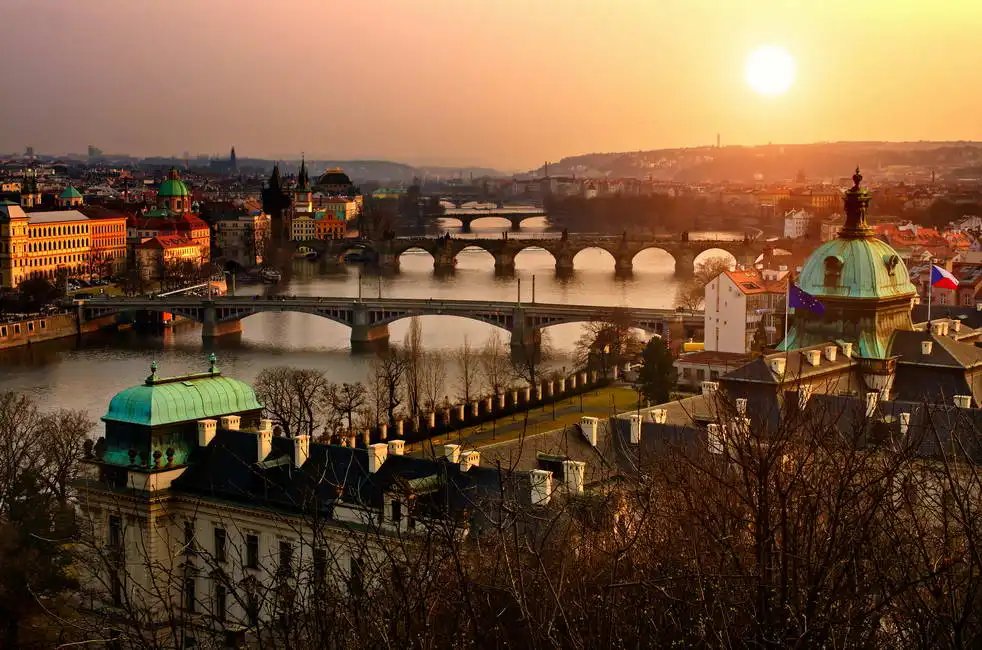 Unknown: Panoramic views of the Charles Bridge and sunset