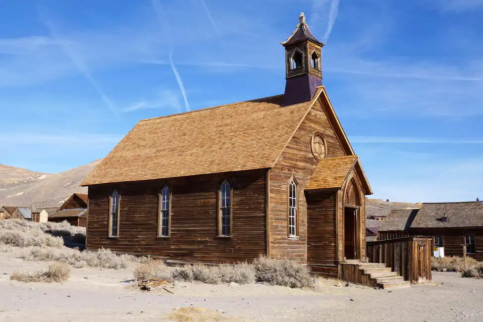 Unknown: Abandoned wooden church in a ghost town, Bodie State Park
