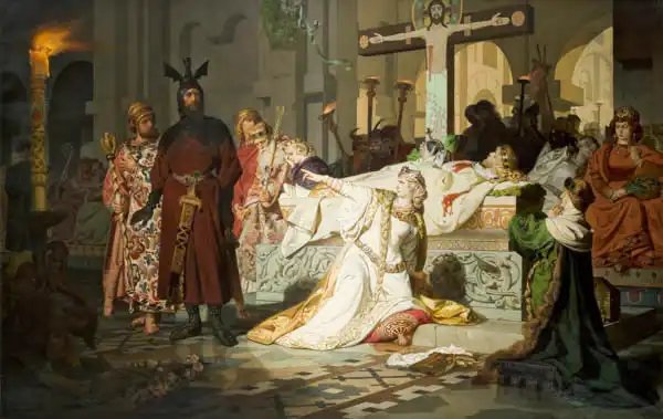 Lauffer, Emil: Kriemhildina action - Kriemhild accuses Gunther and Hagen of murdering her husband Siegfried