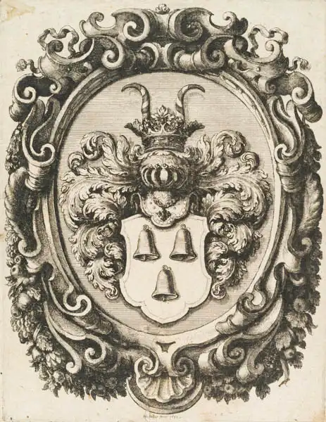 Hollar, Vaclav: Etching depicting crest with three bells in an ornate oval frame