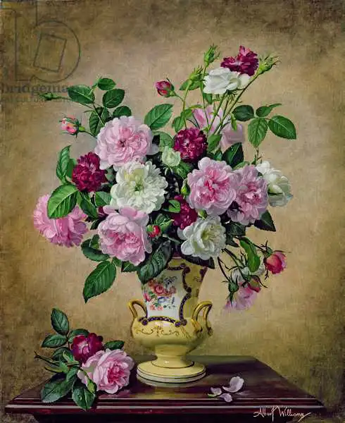 Williams, Albert: Roses and dahlias in a ceramic vase