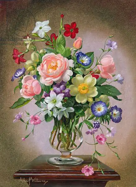 Williams, Albert: Rosen, Pfingstrosen und Freesias in einer Glasvase
