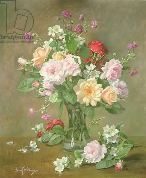 Williams, Albert: Roses et Gardenias dans un vase en verre