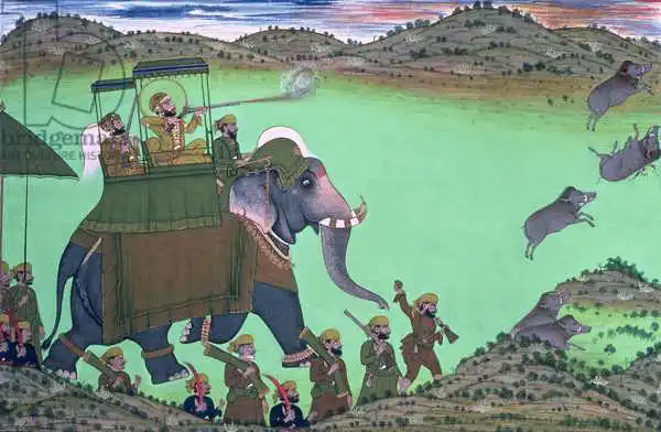 Indian school (19th century): Maharana Sarup Singh of Udaipur shooting boar from elephant-back, Rajasthan