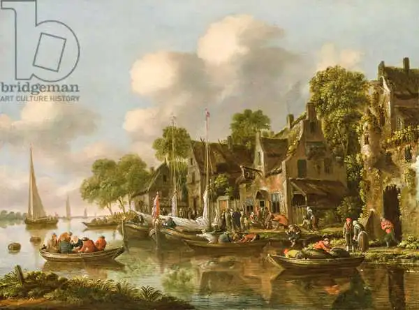 Heeremans, Thomas: Un paysage fluvial avec des bateaux et des figures par une taverne, 17e siècle