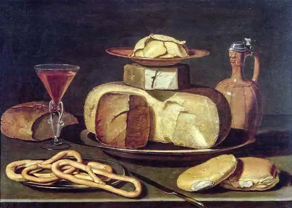 Beert, Osias, the elder: Still Life with bread, cheese, wine and pretzels