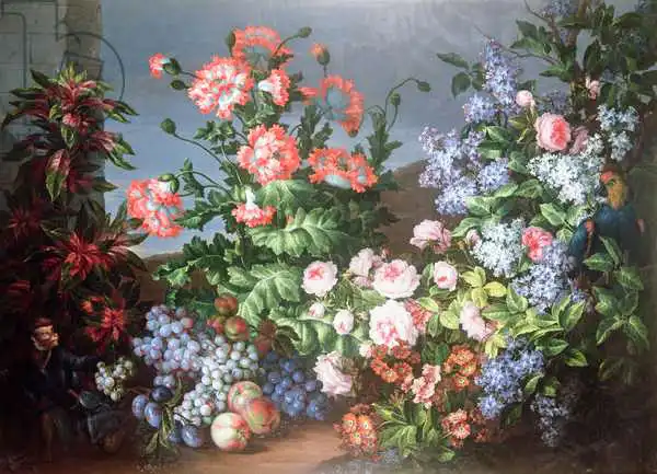 Monnoyer, Jean-Baptiste: Fleurs, fruits avec un singe et un perroquet