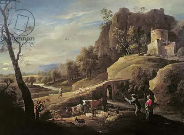 Mulier, Pieter, the younger: Landscape with Farmers tending their Animals