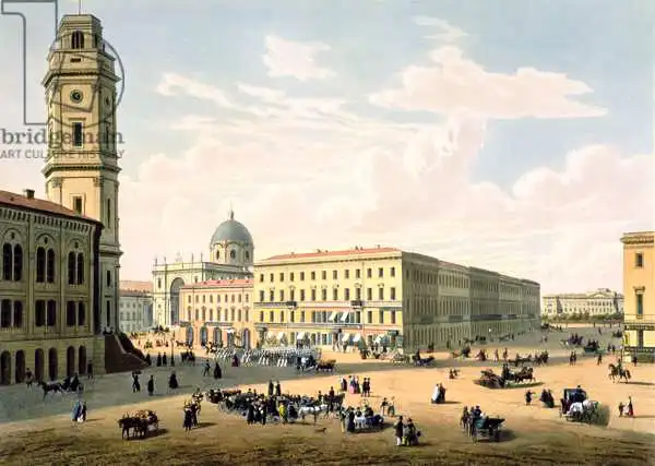 French school (19th century): The Catholic Church and Mikhailovskaya Street in St. Petersburg, printed by J. Jacottet and Regamey, published by Lemercier, Paris, 1850s