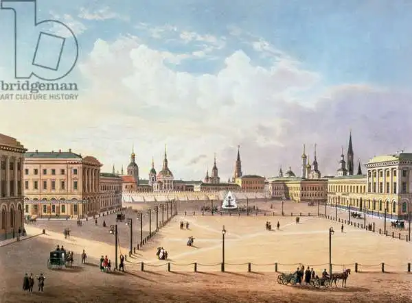 French school (19th century): The Theatre Square in Moscow, printed by Jacottet and Bachelier, 1830s