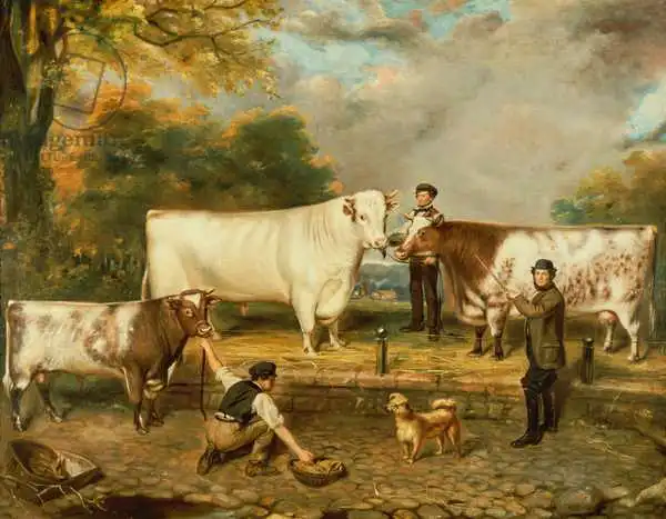 English school (19th century): Cows with a herdsman