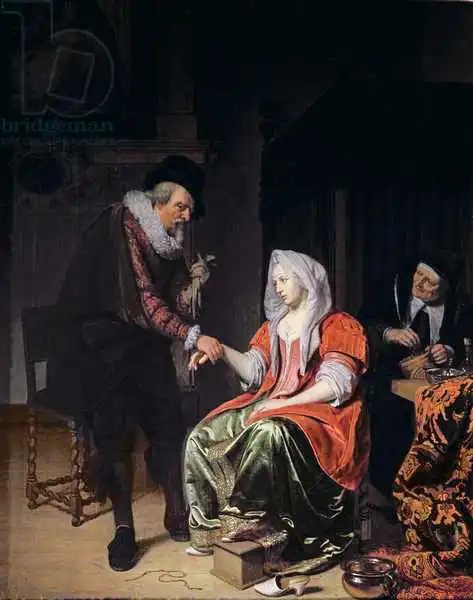 Musscher, Michiel van: Doctor taking a young woman pulse