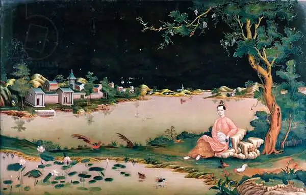 Japanese school (19th century): Japanese mirror painting showing a girl seated