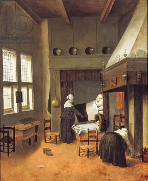 Vrel, Jacobus: Bedroom Interior with Mother and New-Born Child