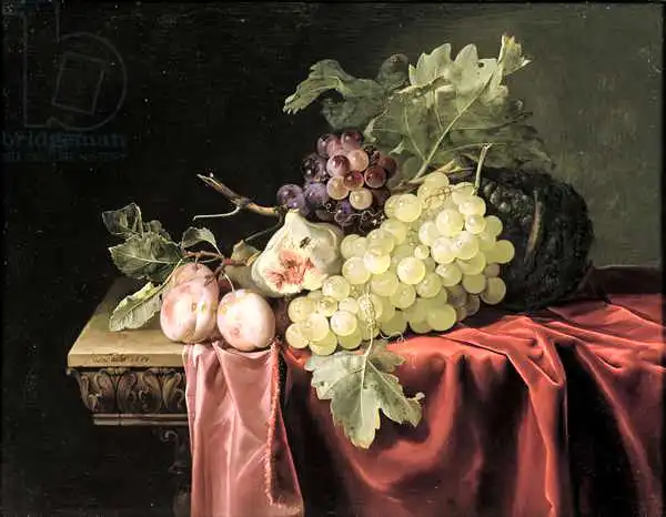 Aelst, Willem van: A still life with grapes, plums, figs and a melon on a partly draped stone ledge