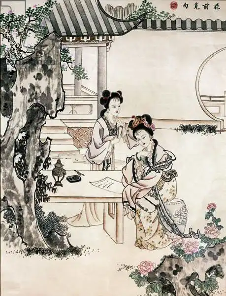 Chinese school: Chinese ladies in a garden