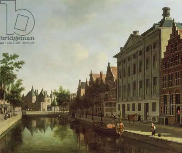 Berckheyde, Gerrit: View of the Kloveniersburgwal in Amsterdam, with the Waag, and barge moored in the front of Trippenhuis to the right