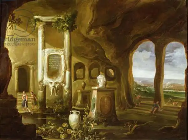 Hooch, Charles-Cornelisz de: Monument to Augustus, in a grotto with figures