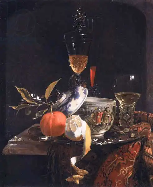 Kalf, Willem: Still Life with Chinese Sugar Jar, Glass Goblet and Fruit