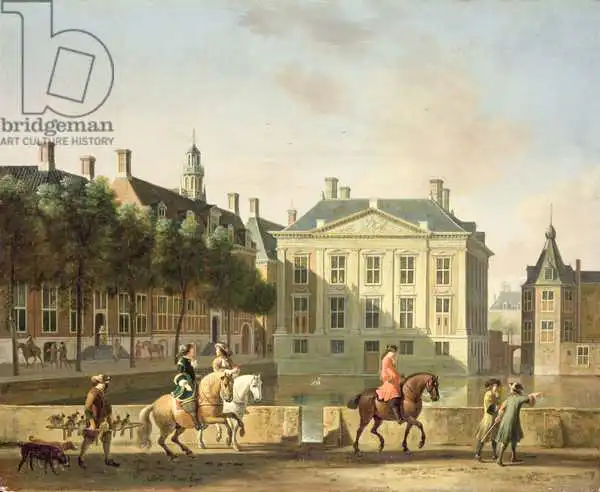 Berckheyde, Gerrit: The Mauritshuis from the Langevijverburg, the Hague, with hawking party in the foreground