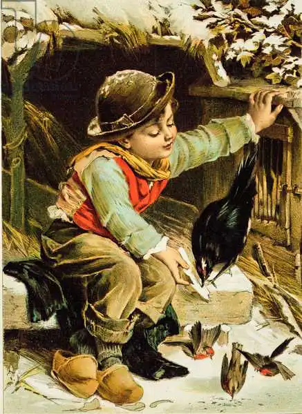 English school (19th century): Young Boy with Birds in the Snow