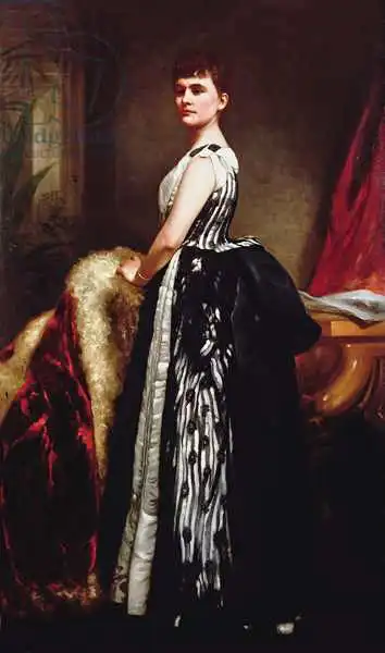 Sant, James: Portrait of a young woman wearing a striped dress and standing in an interior