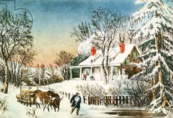 Currier, N.: Bringing Home the Logs, Winter Landscape, 19th century