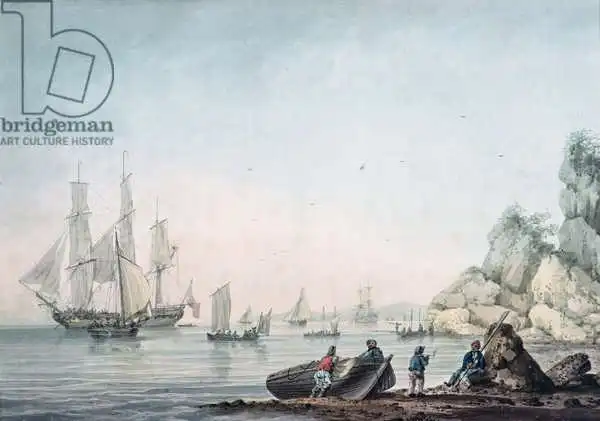 Atkins, Samuel: Marine View, with boat and figures on a shore