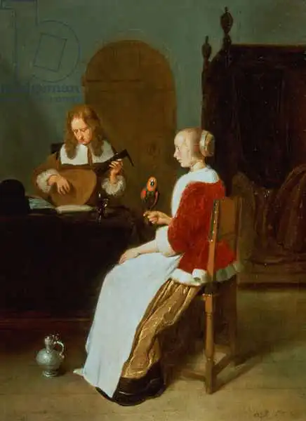 Brekelenkam, Quiringh Gerritsz. van: An interior with a lute player and a woman holding a parrot