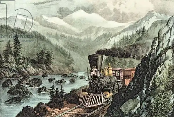 Currier, N.: The Route to California. Truckee River, Sierra Nevada. Central Pacific railway