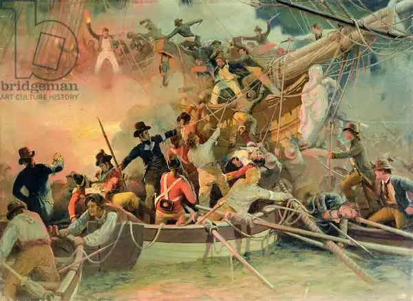 English school (19th century): La marina inglese alla conquista di una nave francese nei pressi di Capo Camaro