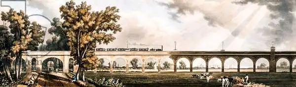 English school (19th century): Chemin de fer de Londres à Greenwich montrant le viaduc, conçu par George Landman
