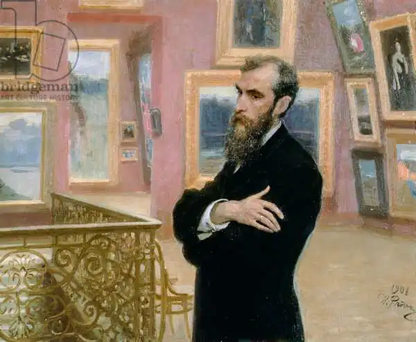 Repin, Illya E.: Portrait of Pavel Tretyakov (1832-98) in the Gallery