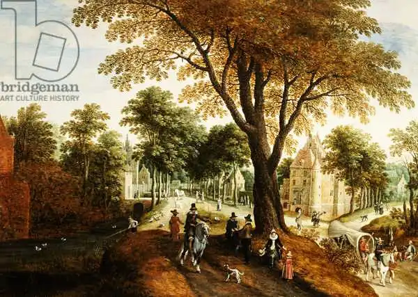 Vrancx, Sebastian: Elegantes jinetes y figuras en un camino frente a un castillo