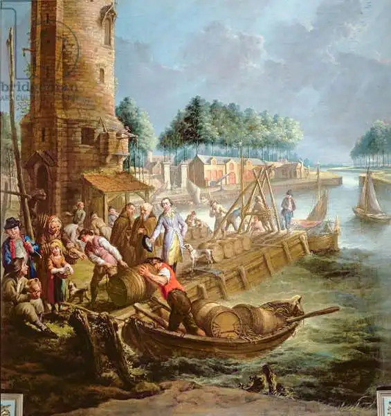Garemyn, Jan-Anton: Canal scene with wine merchant unloading barrels