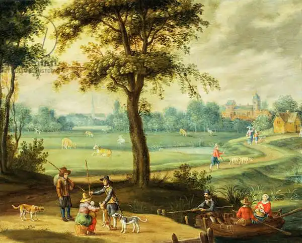 Oosten, Isaak van: A Village Landscape by a River