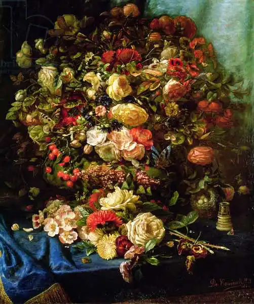 Coninck, Pierre-Louis de: Nature morte de fleurs sur un rebord avec des oiseaux nid