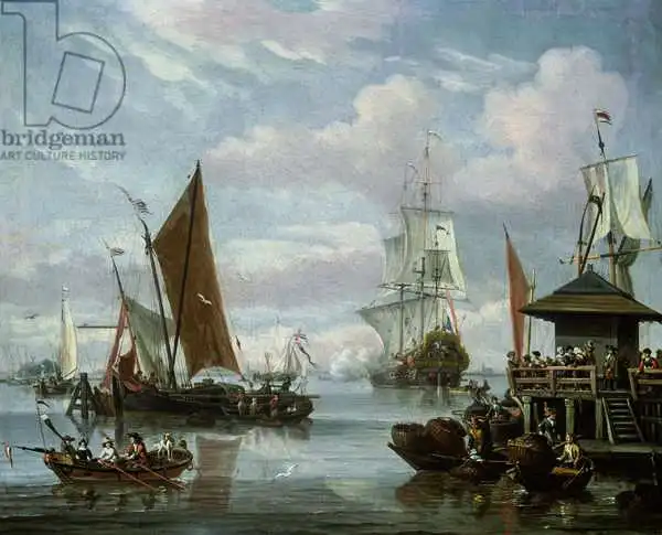 Blaauw, Johannes de: Estuario con barcos y pescadores