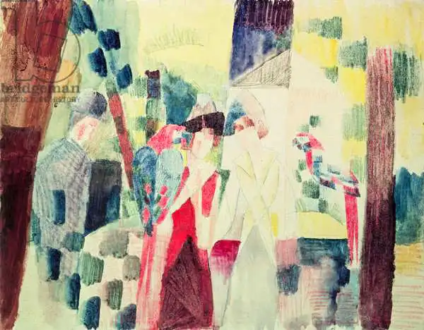 Macke, August: Two Women and a Man with Parrots, 20th century