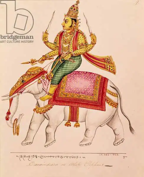 Indian school (19th century): Indra, God of Storms, riding on an elephant, 1820-25